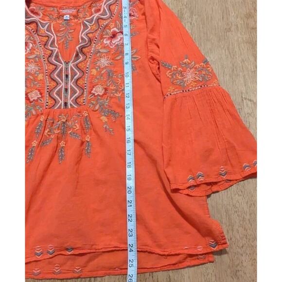 Johnny Was Workshop Orange Floral Embroidered Boho Bell Sleeve VNeck Top Medium - Picture 2 of 7
